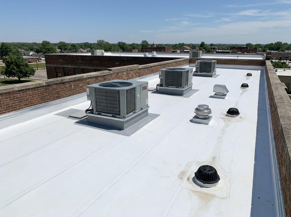 Completed white TPO flat roof on a municipal brick building with new curb flashing and roof drains