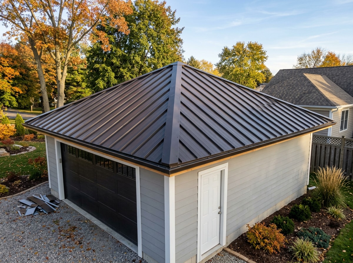 New standing seam metal roof on a detached garage with clean ridge cap and drip edge