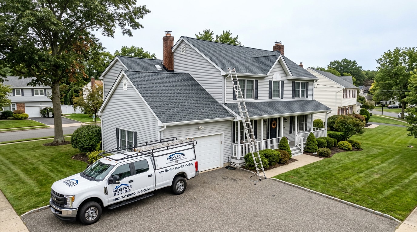 Newly completed shingle roof with a contractor work truck parked in the driveway Newly completed shingle roof with a contractor work truck parked in the driveway
