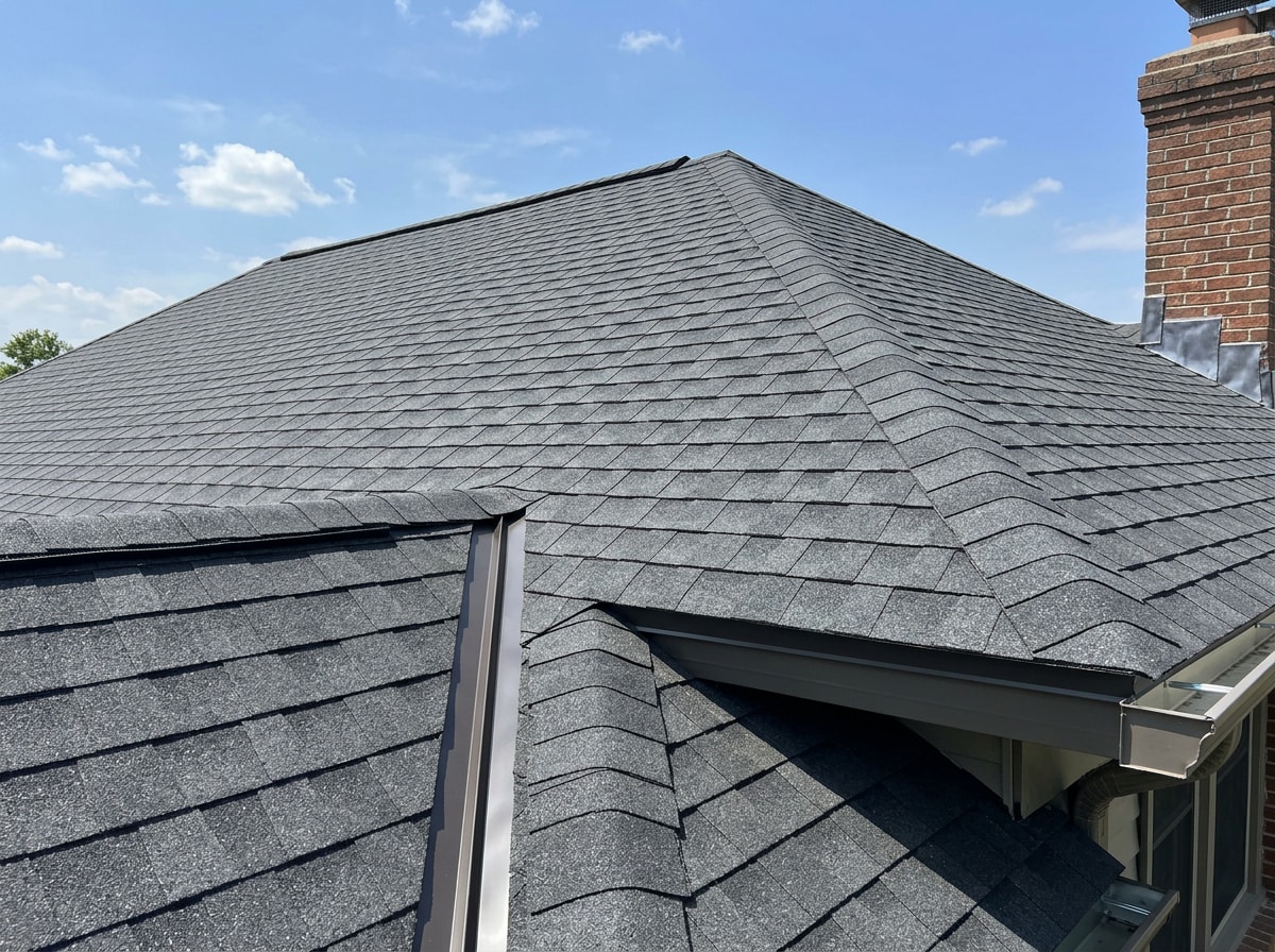 Completed asphalt shingle roof replacement on a two-story suburban home with clean ridge vent and flashing detail