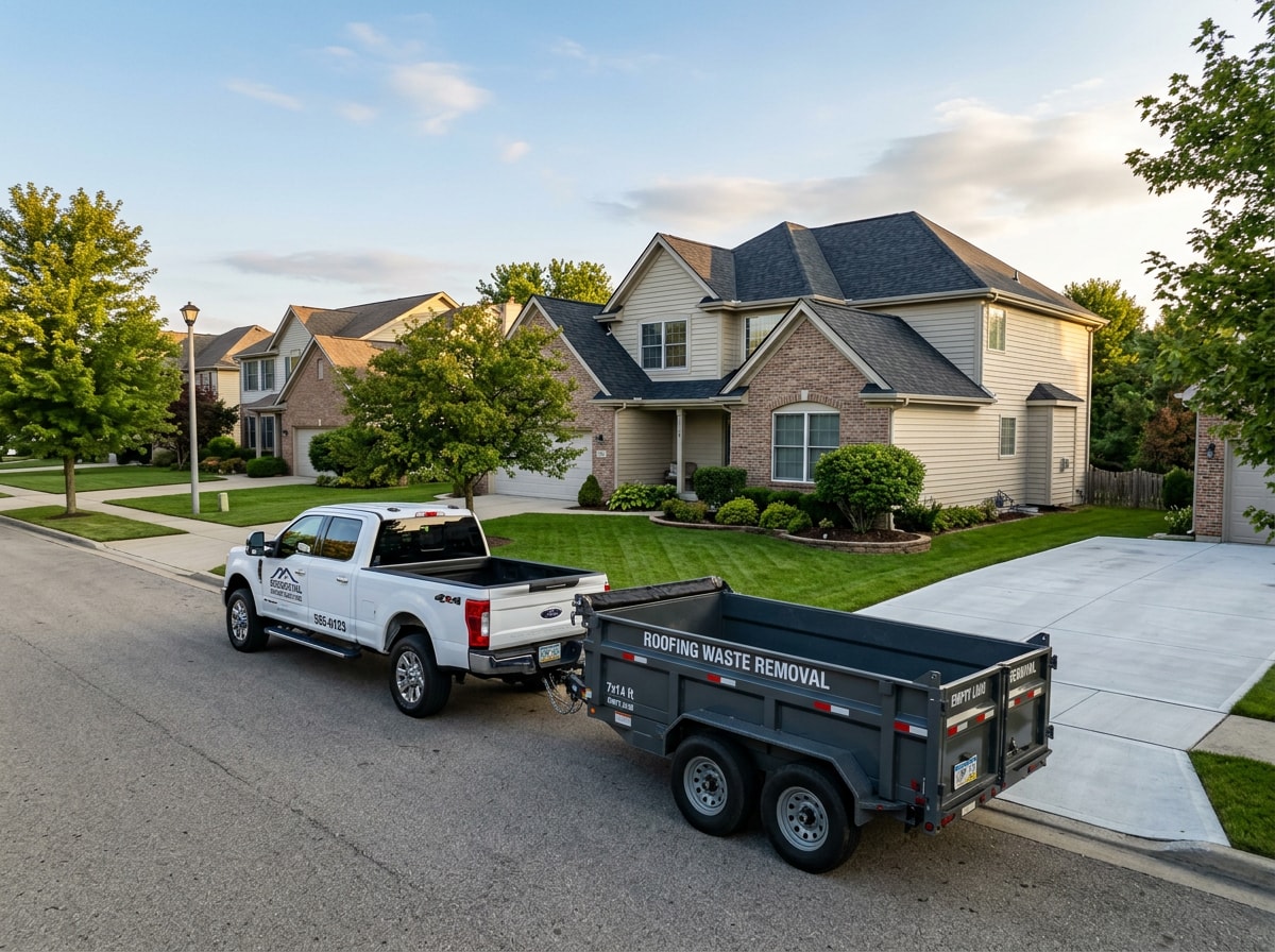Branded contractor pickup truck and material trailer parked at the curb of a finished residential roofing job