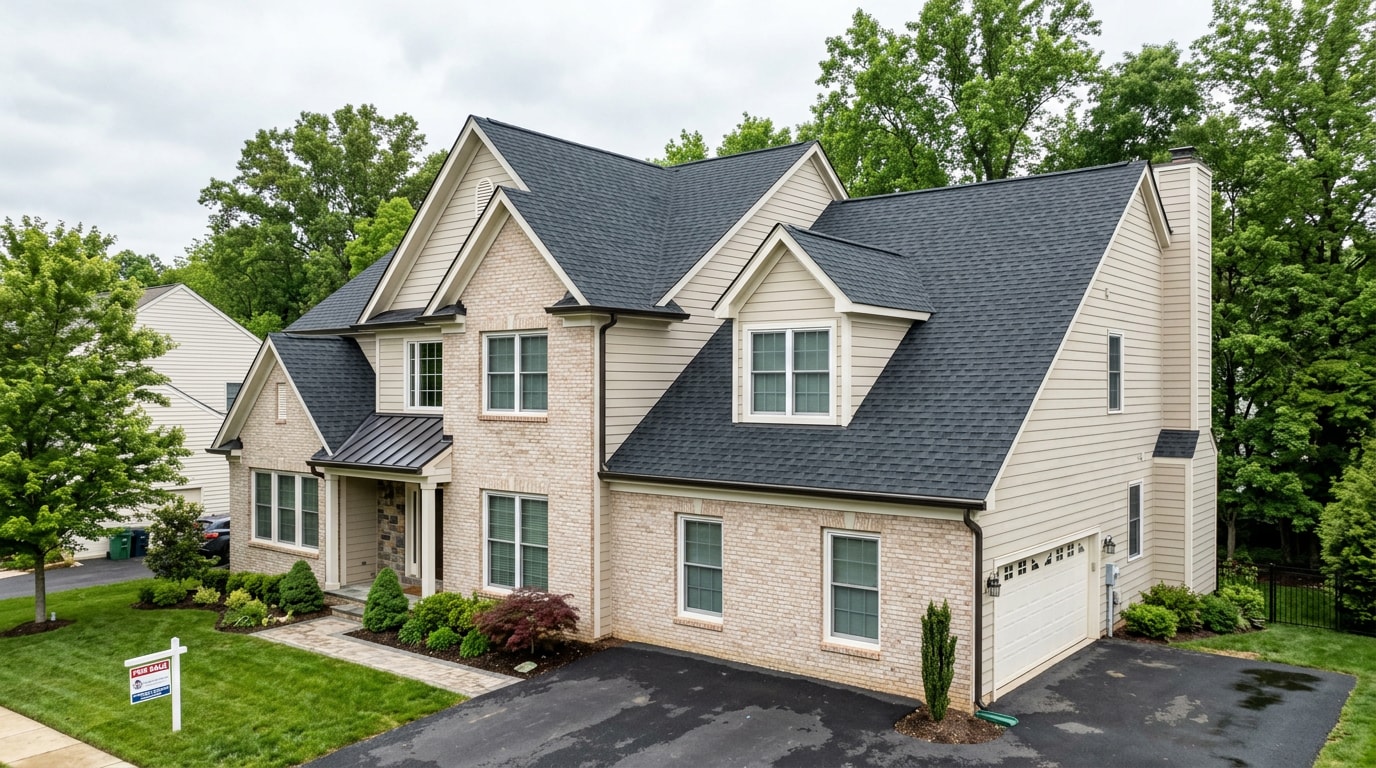 Freshly completed asphalt shingle roof on a two-story suburban home Freshly completed asphalt shingle roof on a two-story suburban home