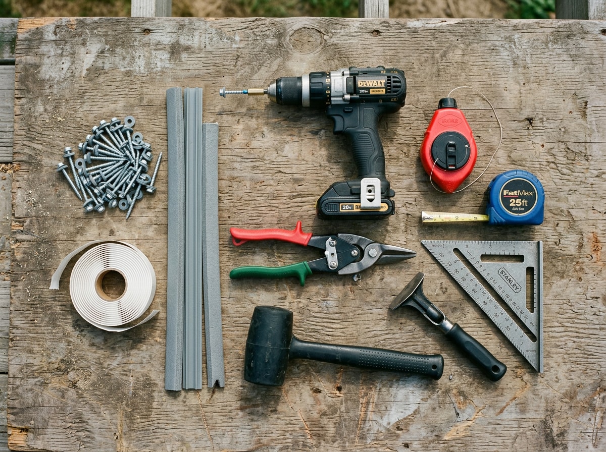 Flat lay of metal roofing tools and materials including aviation snips, clutch drill, chalk line, gasketed screws and butyl tape