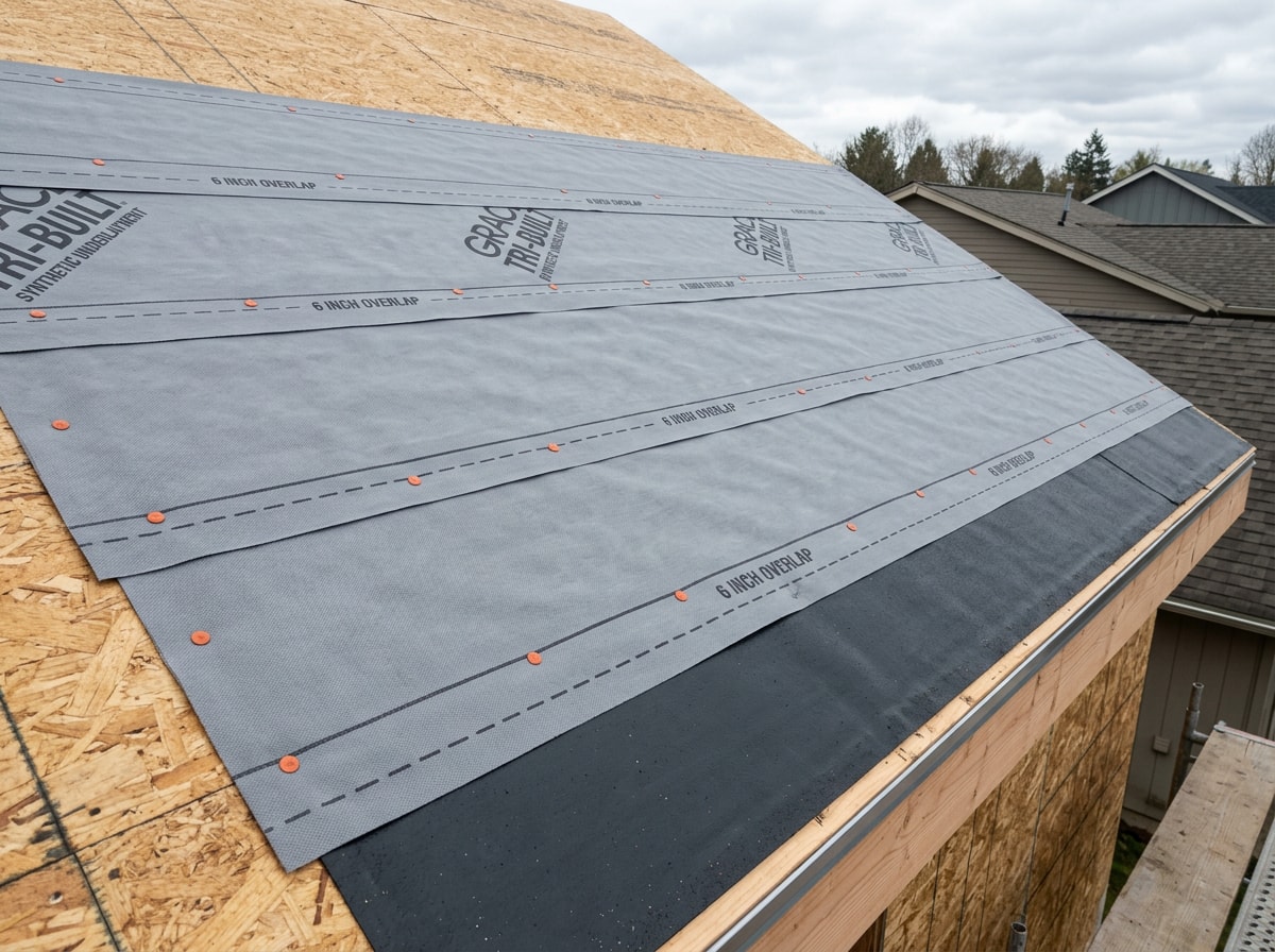 Synthetic underlayment rolled flat across a plywood roof deck with overlapping horizontal courses