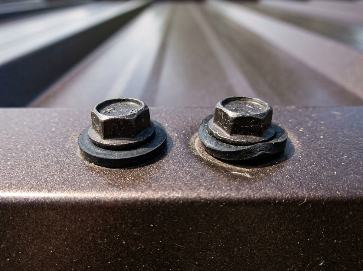 Close comparison of correctly compressed versus over driven neoprene washers on metal roofing screws