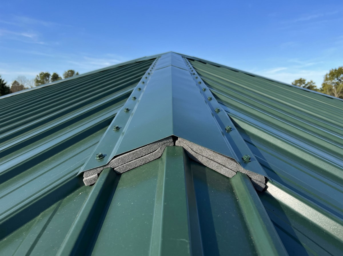 Metal ridge cap seated over outside foam closure strips at a roof peak