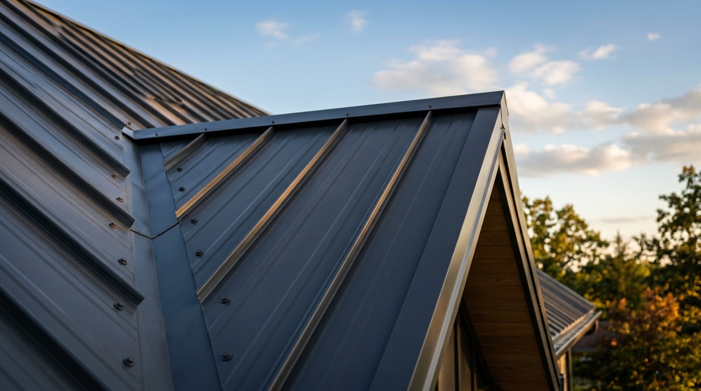 Finished gray metal roofing panels with ridge cap and rake trim on a residential gable roof Finished gray metal roofing panels with ridge cap and rake trim on a residential gable roof