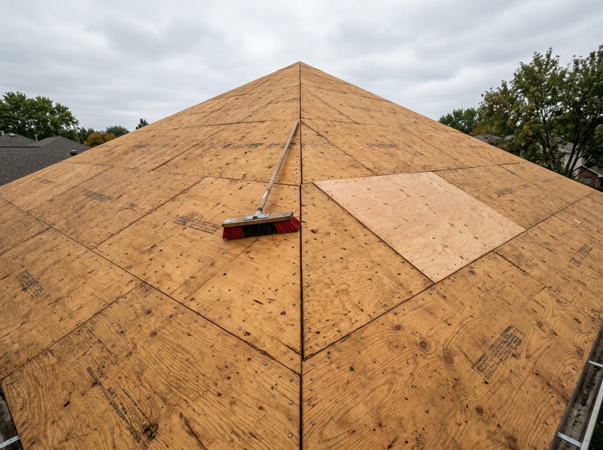 Clean swept plywood roof deck with no debris, ready for roofing felt underlayment