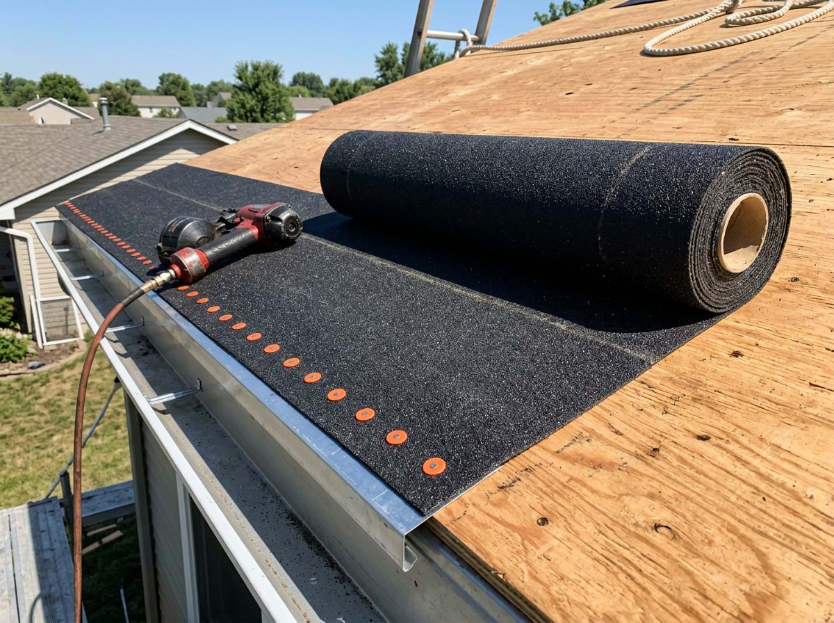Roll of roofing felt unrolled along the eaves with cap nails set along the edge
