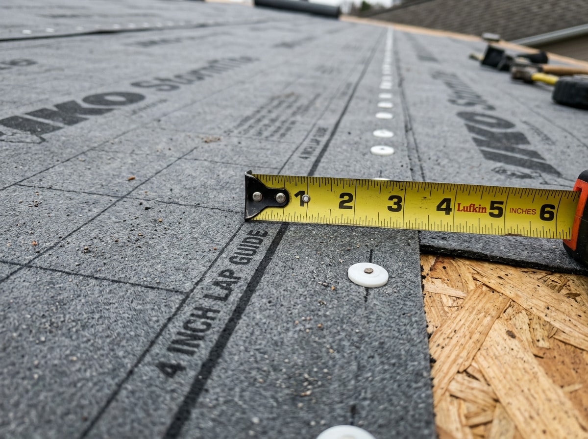 Close-up of overlapping roofing felt courses showing the printed lap line and cap nails