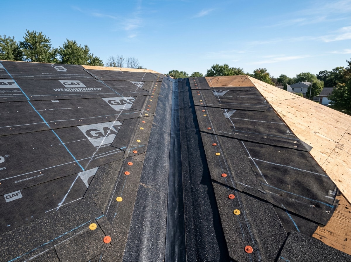 Roof valley with underlayment run down the centerline before the horizontal felt courses