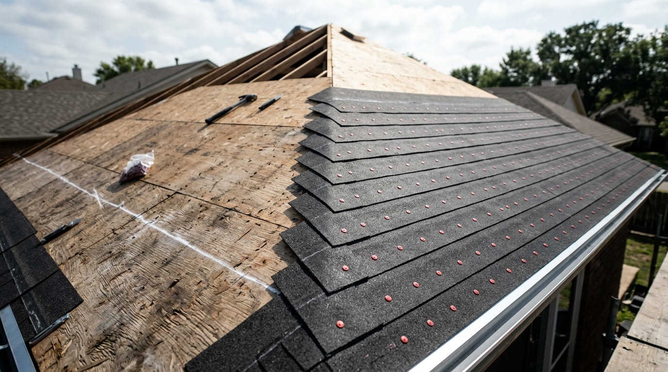 Roof deck half covered with roofing felt courses fastened with plastic cap nails Roof deck half covered with roofing felt courses fastened with plastic cap nails