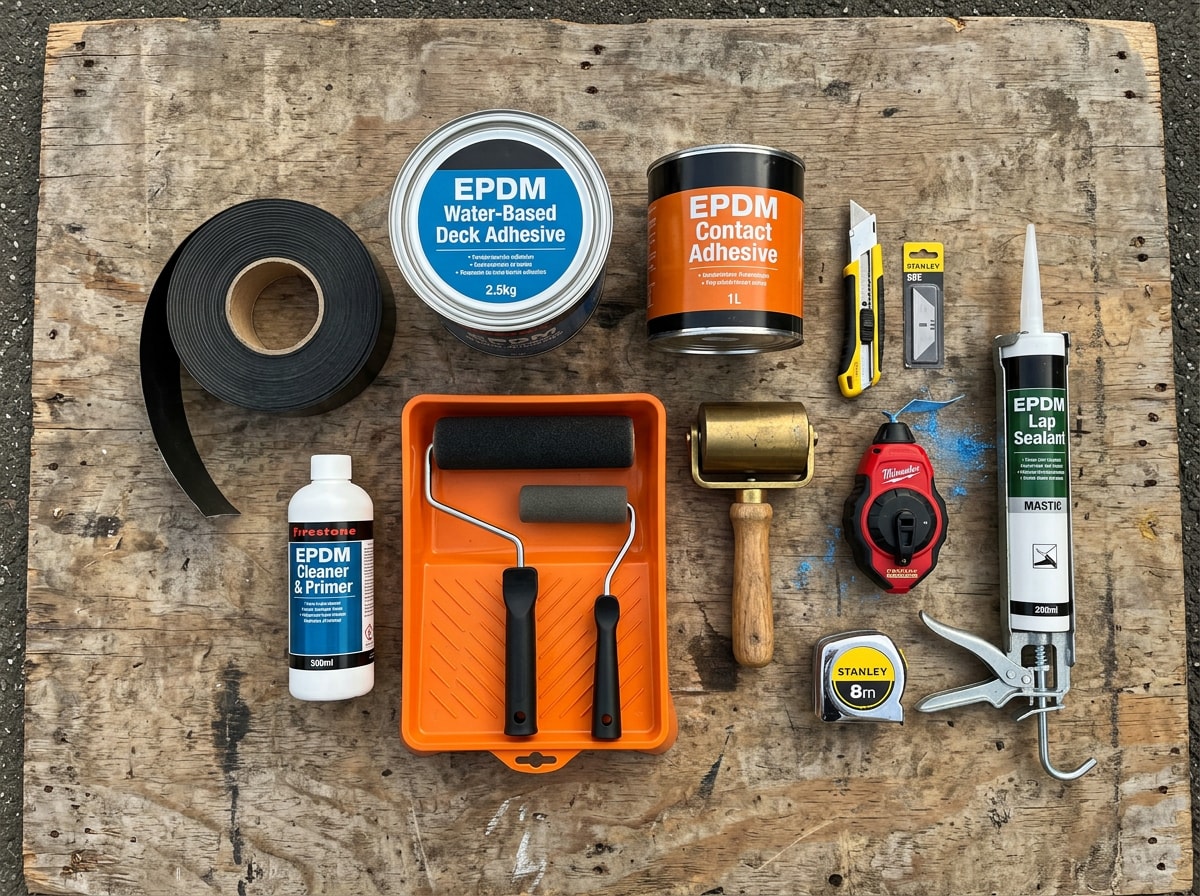 Flat lay of EPDM rubber roofing tools and materials including adhesive tins, seam tape, rollers and a utility knife