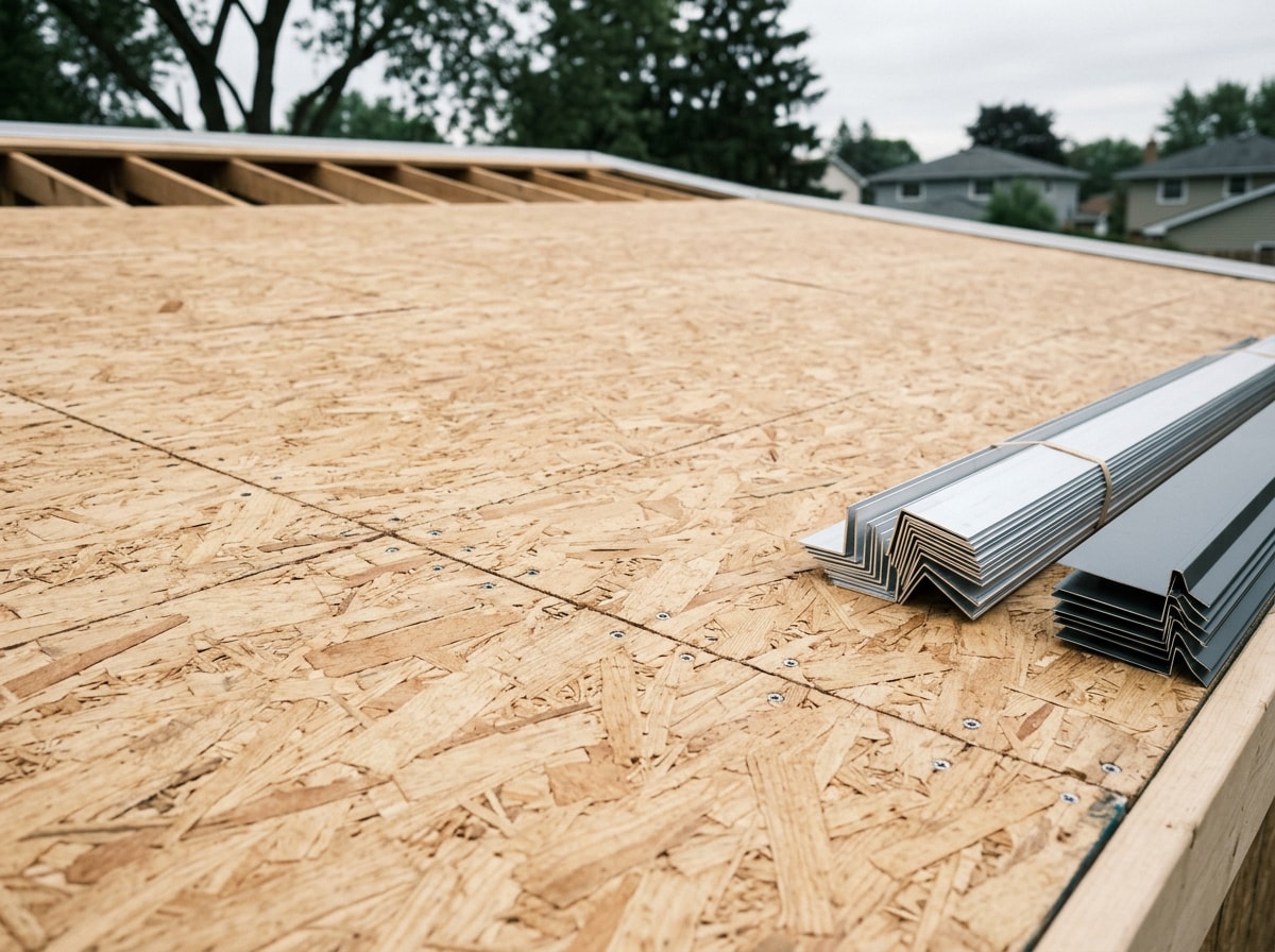 Clean prepared OSB roof deck ready for EPDM rubber roofing installation with trim profiles stacked at the edge