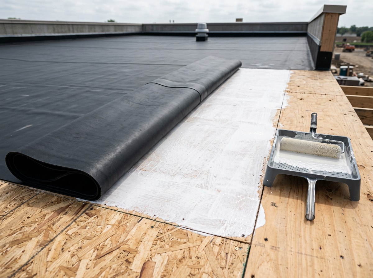 Half folded EPDM membrane with water based deck adhesive rolled onto a plywood roof deck