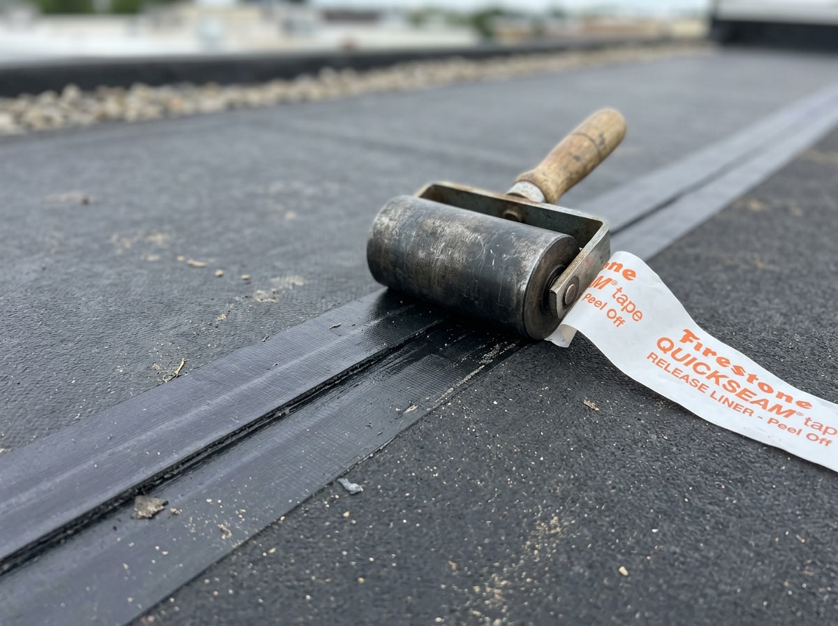 Close up of EPDM seam tape being pressed down with a weighted seam roller on a flat rubber roof