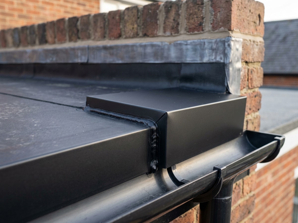 Finished black EPDM rubber roof edge detail showing drip trim, corner piece and neat lap sealant line