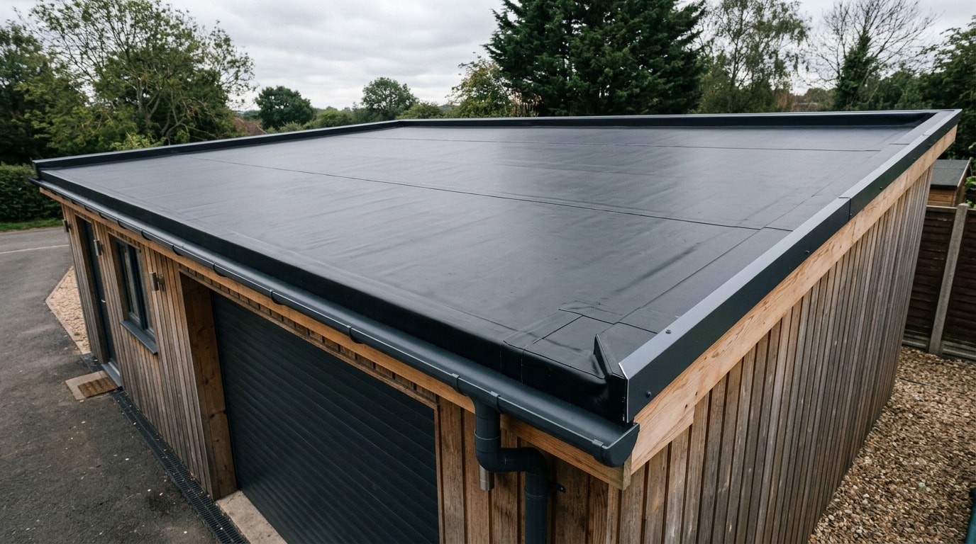 Newly installed black EPDM rubber flat roof on a garage with clean edge trims