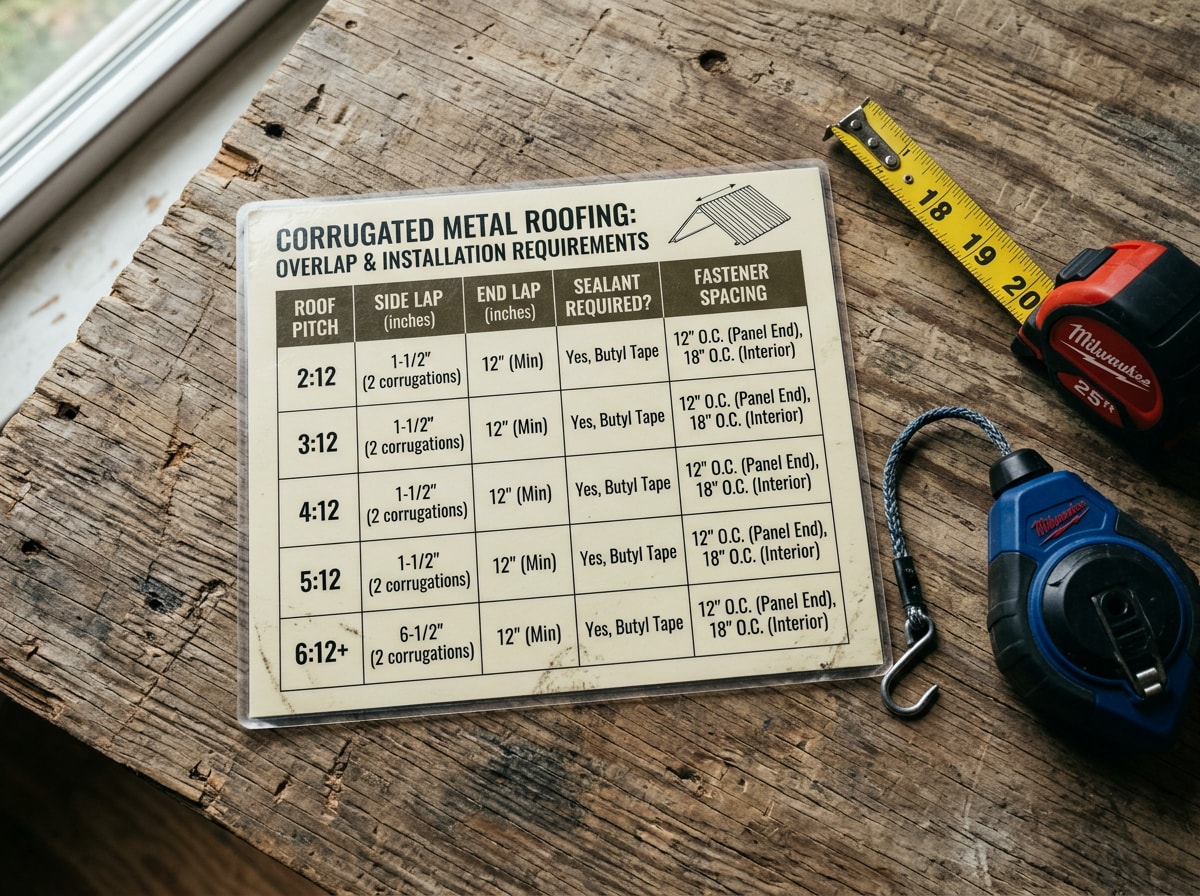 Comparison table graphic showing corrugated metal roofing overlap requirements by roof pitch