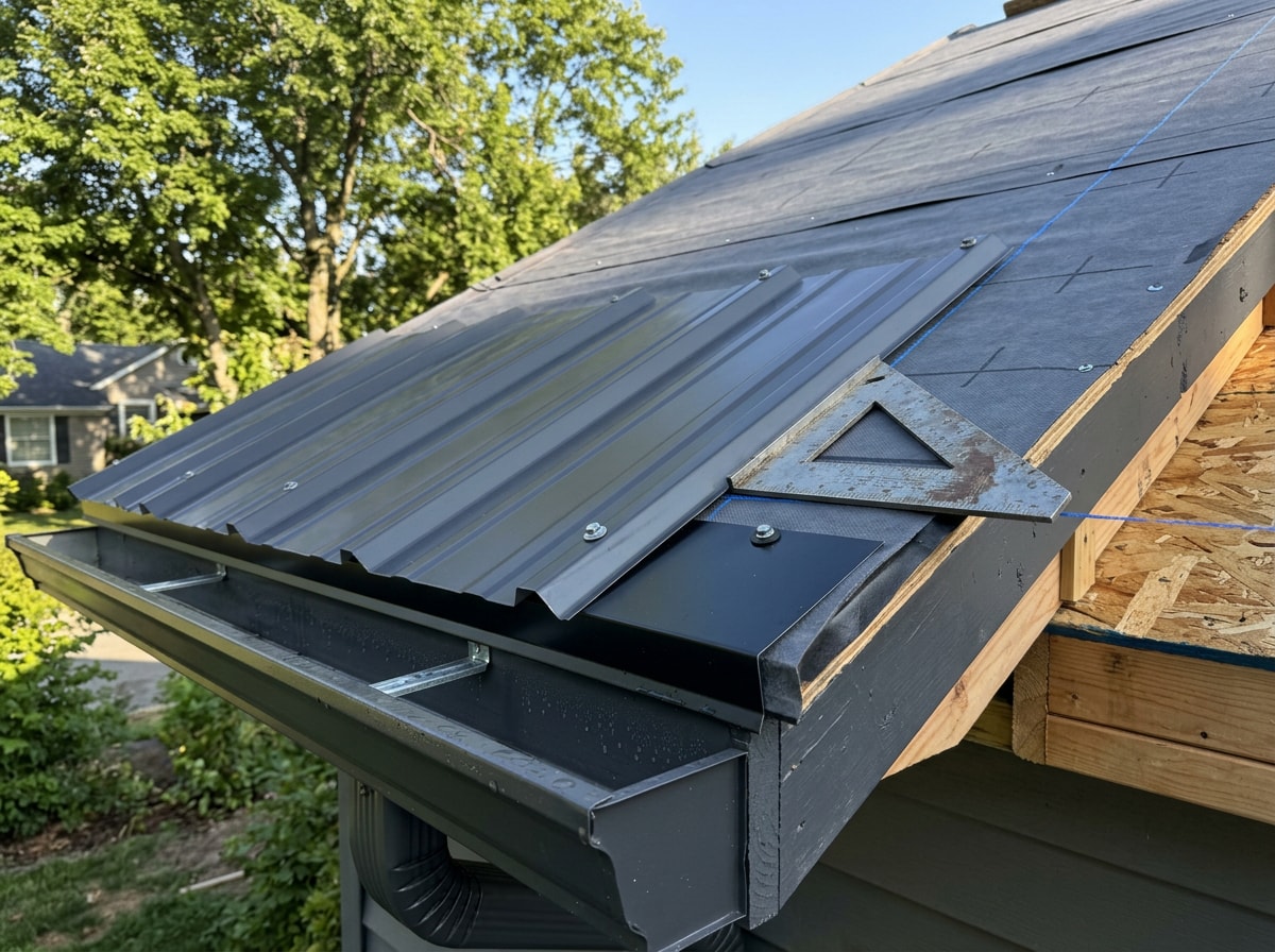 First corrugated metal roofing panel set square at the eave with drip edge overhang dimension marked