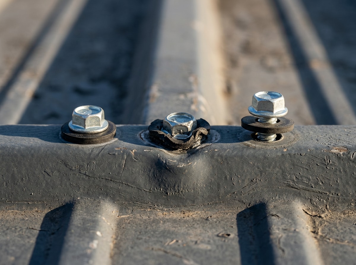 Close-up comparing a correctly seated neoprene washer with over-driven and under-driven metal roofing screws