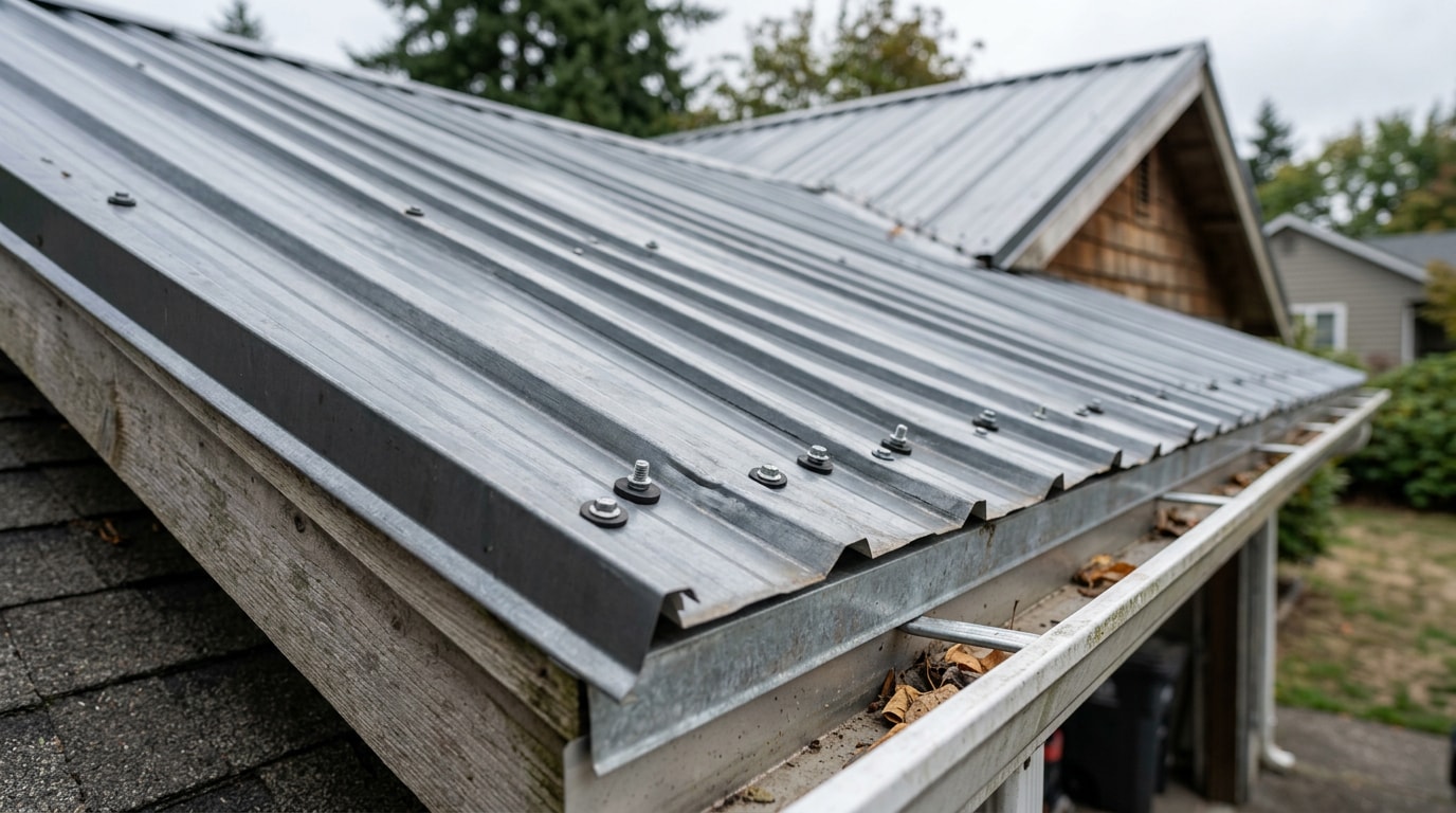 Finished corrugated metal roof showing clean side laps and evenly driven screws on the high ribs Finished corrugated metal roof showing clean side laps and evenly driven screws on the high ribs