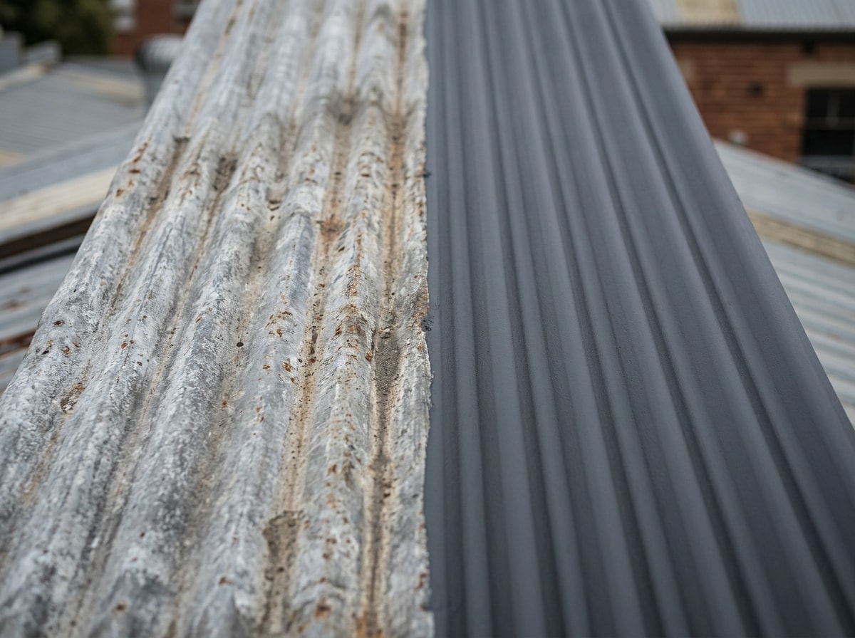 Freshly coated dark gray standing seam metal roof next to a weathered chalky panel section