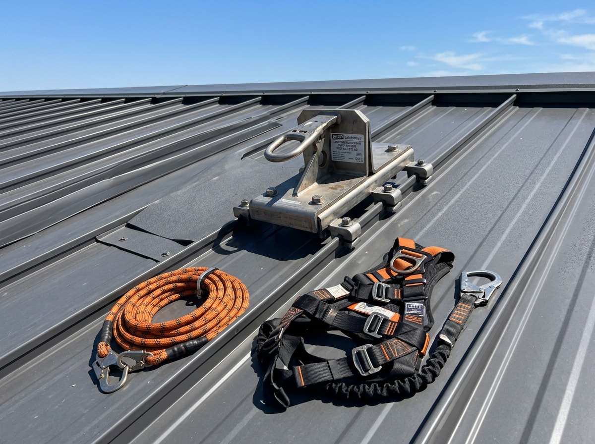 Roof anchor and lifeline installed on a standing seam metal roof panel