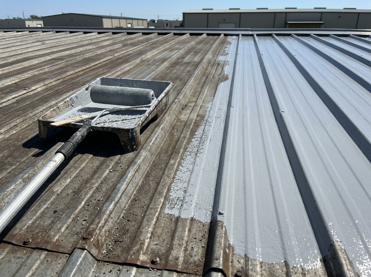Corrugated metal roof half coated in fresh acrylic topcoat with roller and paint tray staged on the panels