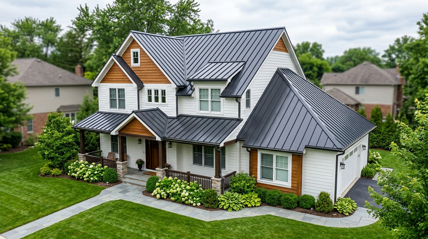 Residential home with a freshly painted standing seam metal roof