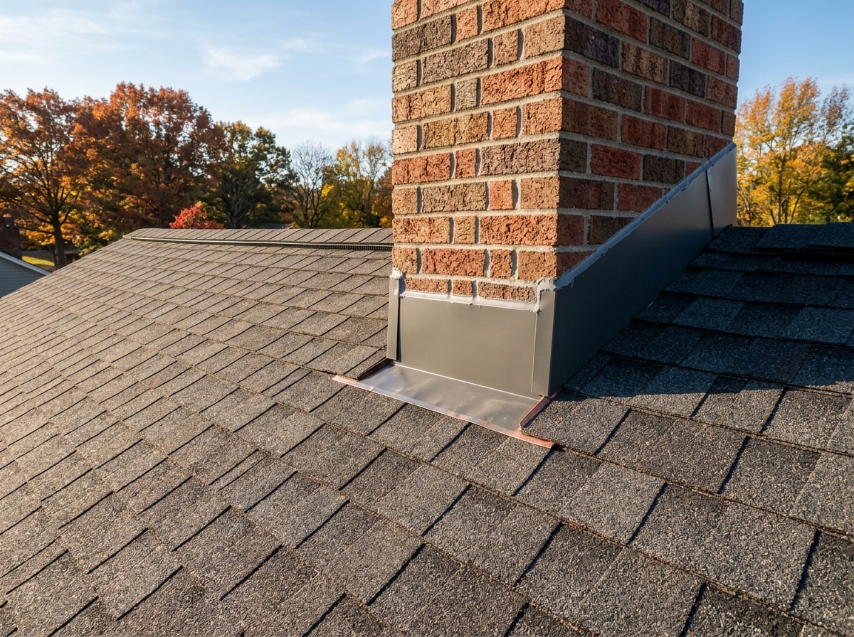 Freshly installed architectural asphalt shingle roof with clean ridge cap and step flashing on a residential home