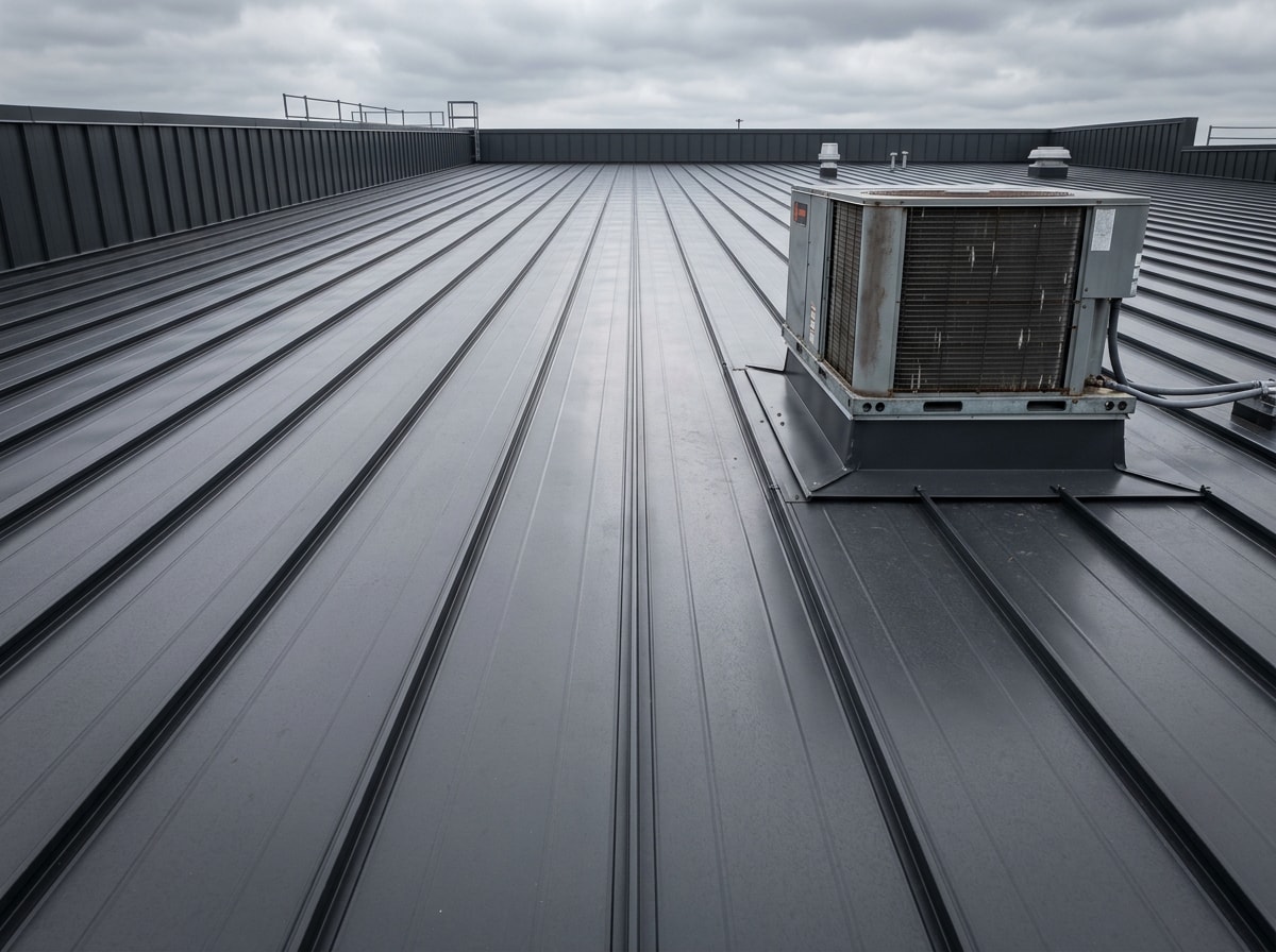 Standing seam metal roof panels installed on a commercial low-slope building with clean seam lines