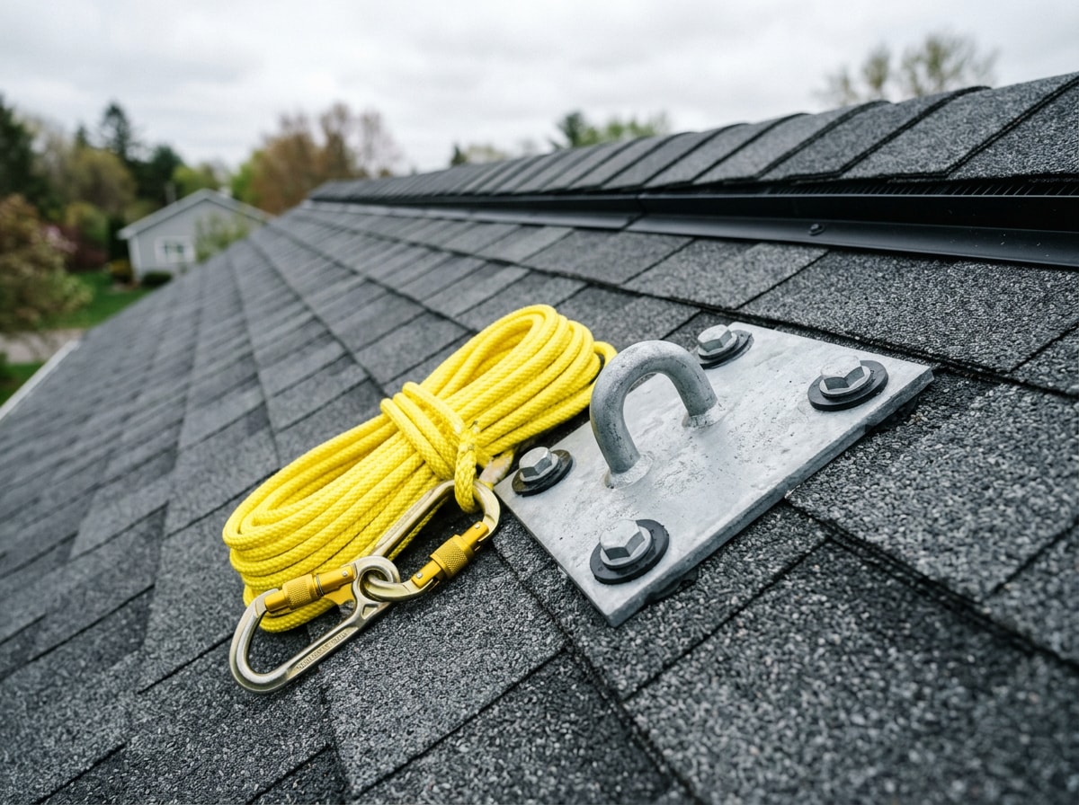 Roof safety anchor and lifeline hardware installed on a steep-slope shingle roof with no workers present