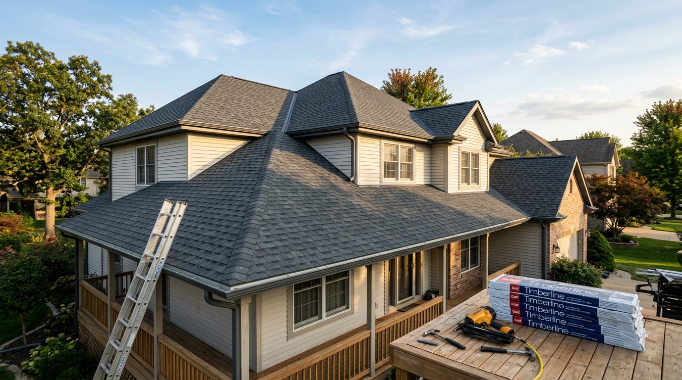 Completed asphalt shingle roof on a suburban home with tools and shingle bundles staged on the deck