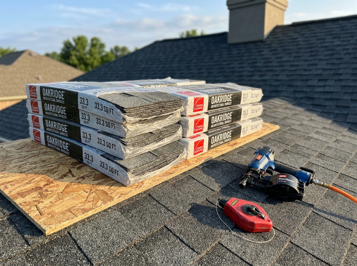 Stacked bundles of architectural asphalt shingles staged on a finished roof deck