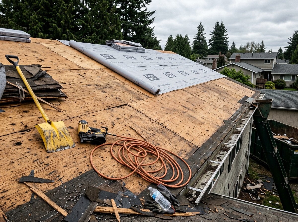 Roof tear-off in progress with exposed sheathing, underlayment roll, and nail gun on the deck