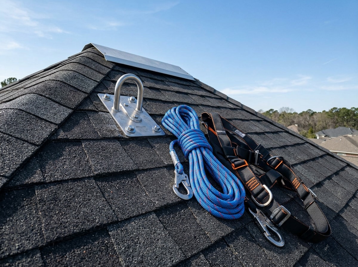 Roof safety anchor and coiled lifeline mounted near the ridge of a shingle roof