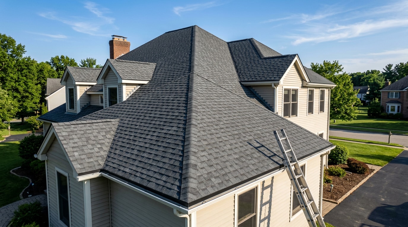 Newly installed asphalt shingle roof on a suburban home with a ladder at the eave Newly installed asphalt shingle roof on a suburban home with a ladder at the eave