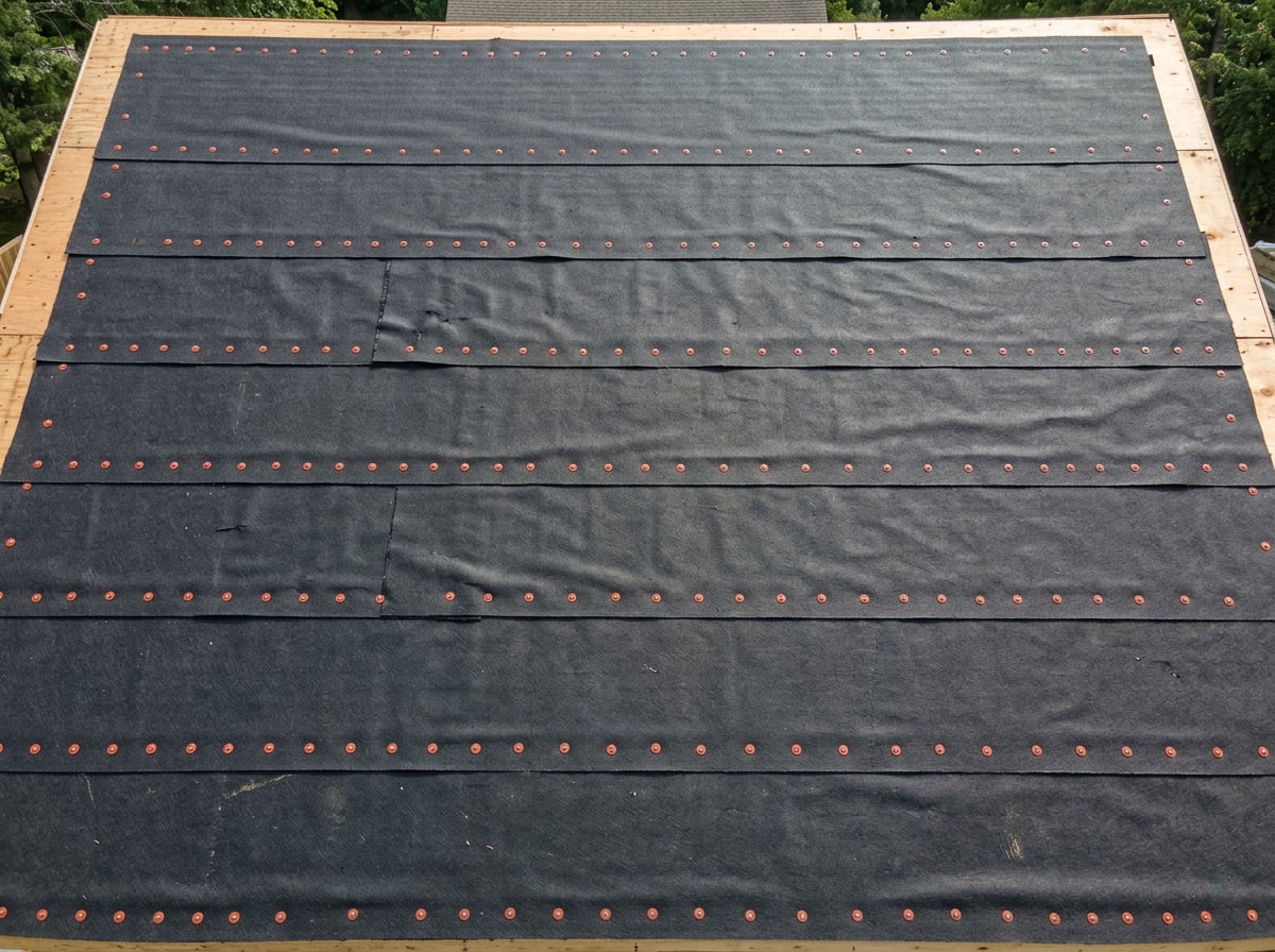 Roof deck covered with black asphalt felt underlayment secured with cap nails before shingle installation