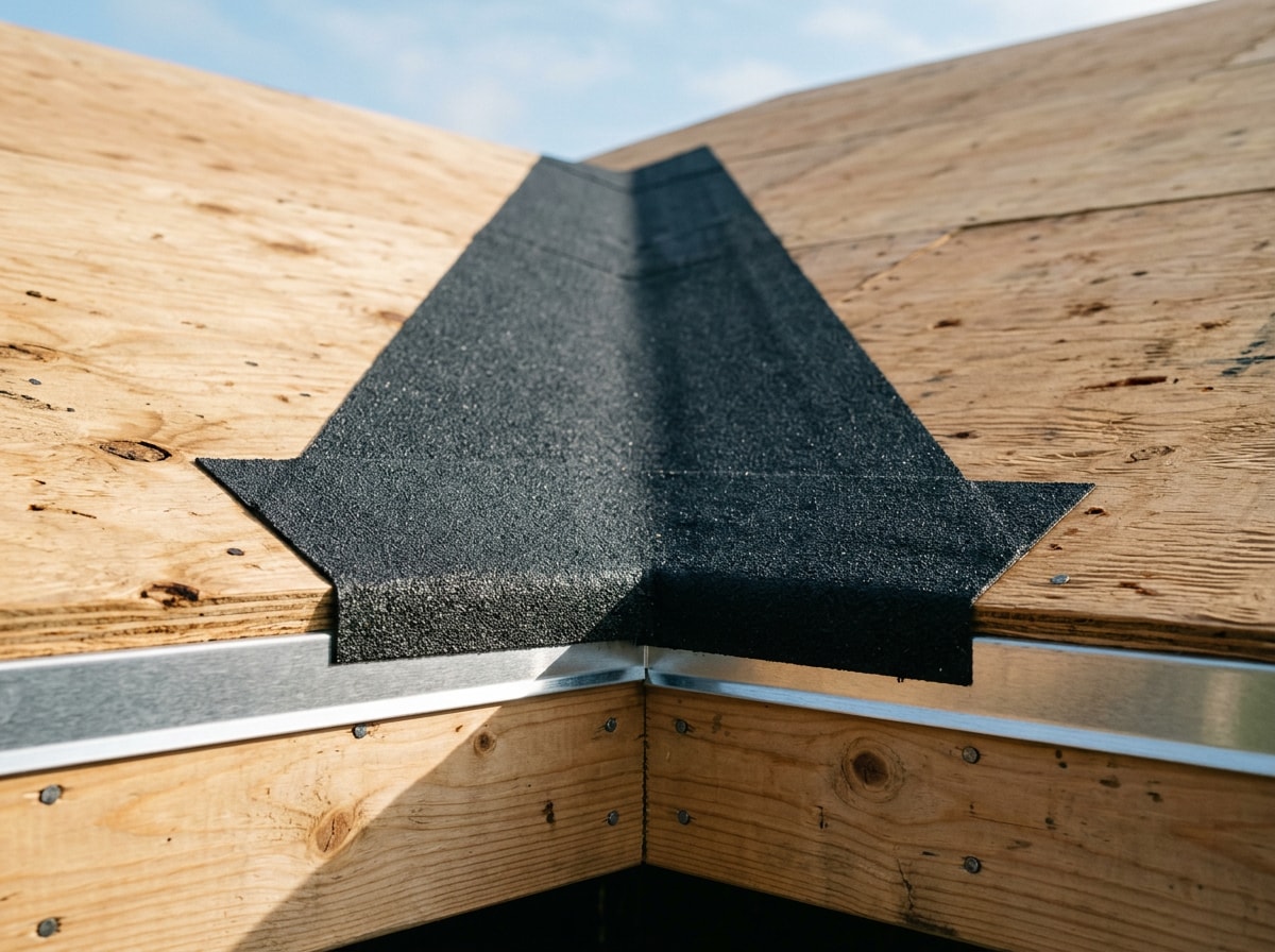 Self-adhered ice and water shield membrane installed along a roof valley and eave over plywood decking