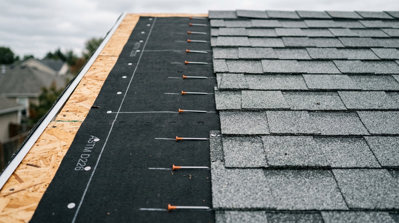Roof deck half covered in black felt underlayment and half in gray architectural shingles Roof deck half covered in black felt underlayment and half in gray architectural shingles