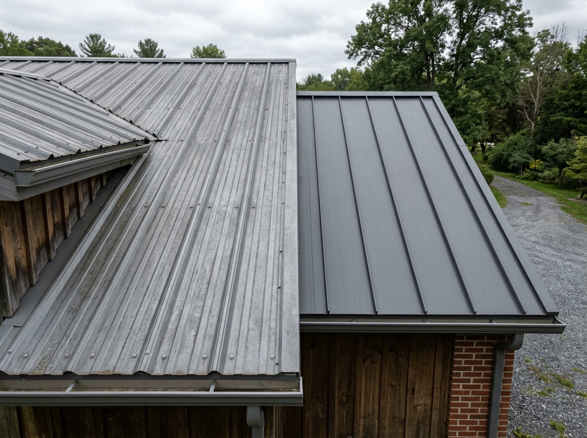 Standing seam metal roof panels next to corrugated exposed fastener panels on a finished residential roof