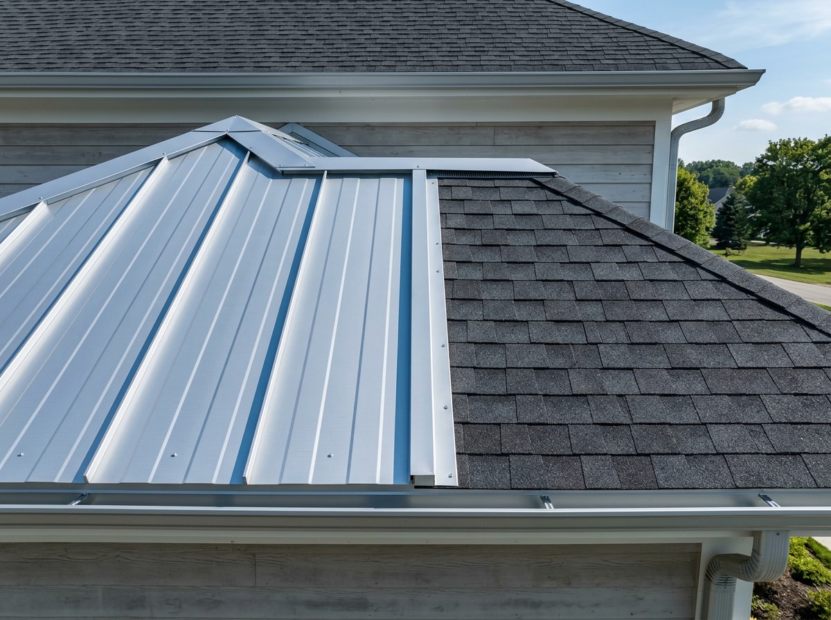 Metal standing seam roof section meeting an asphalt shingle roof section on the same residential structure