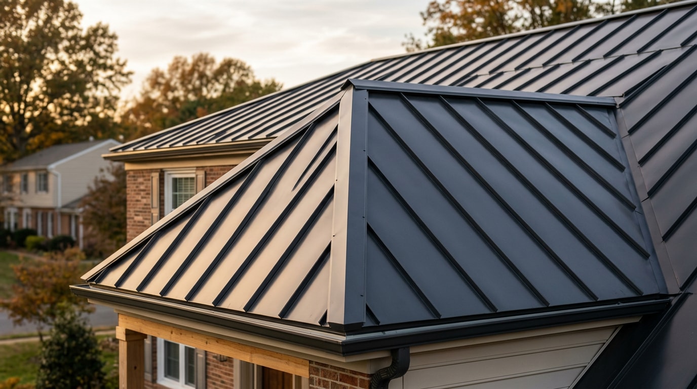 Finished charcoal standing seam metal roof on a two-story suburban home Finished charcoal standing seam metal roof on a two-story suburban home