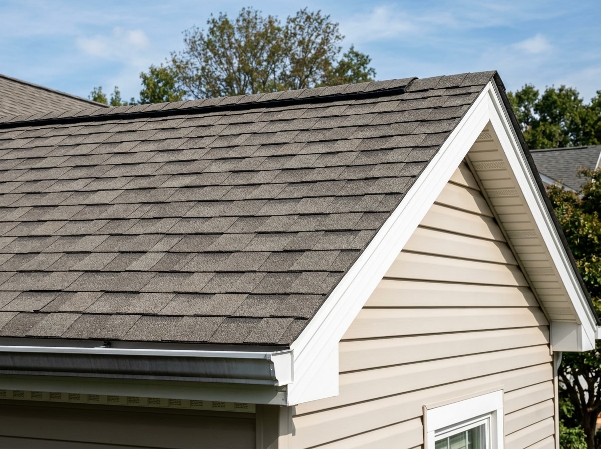 Exterior photo of a house roofline showing the ridge, gable end, and eave edges