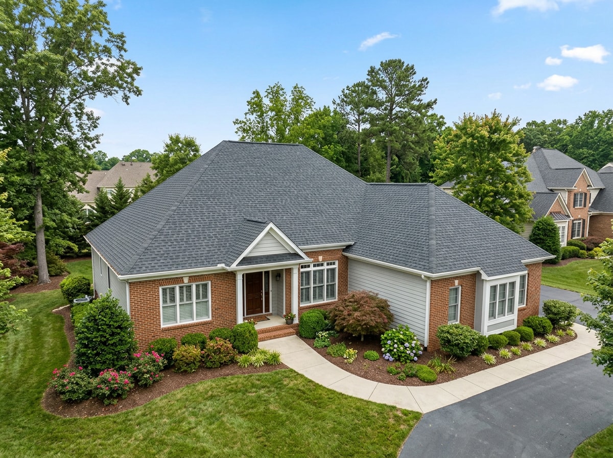 Exterior photo of a suburban Virginia home with a hip roof showing four sloped planes meeting at a central ridge