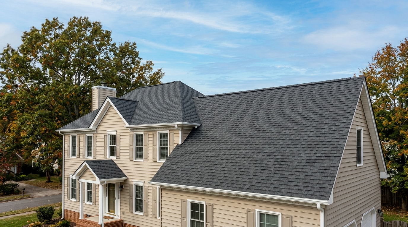 Newly installed architectural shingle roof on a Virginia home showing ridge cap and gable detail