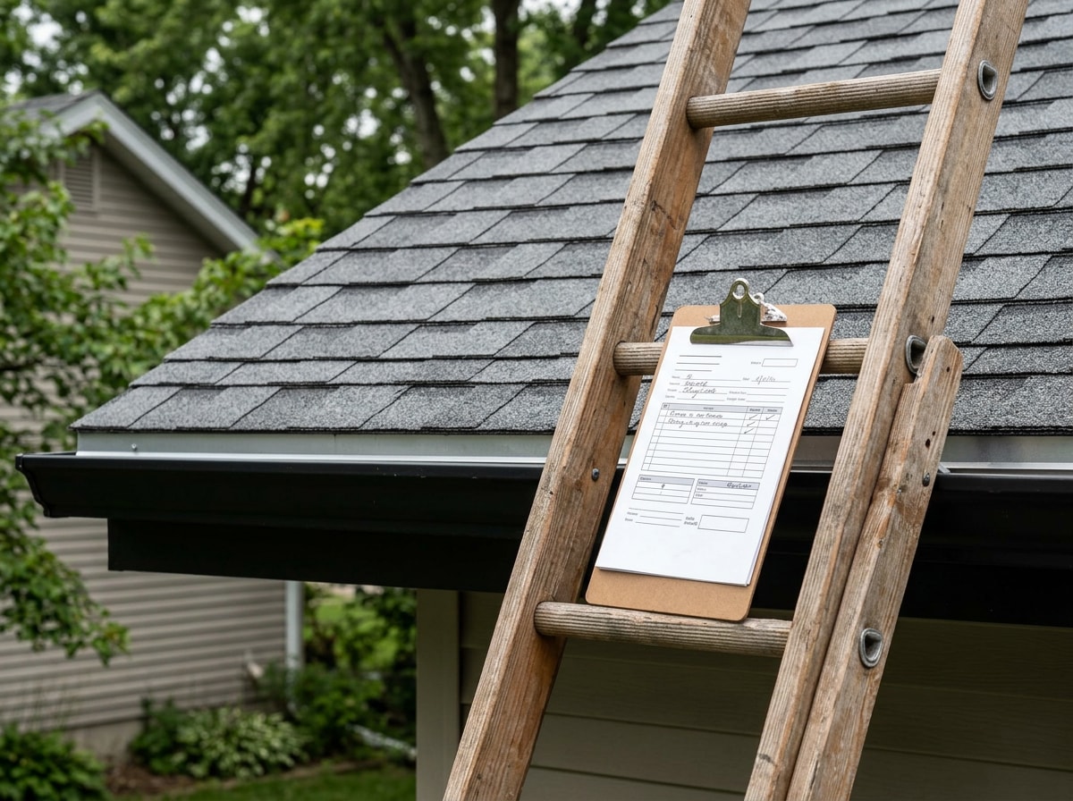 Newly installed asphalt shingle roof on a suburban home with a roofing estimate clipboard resting on a ladder in the foreground