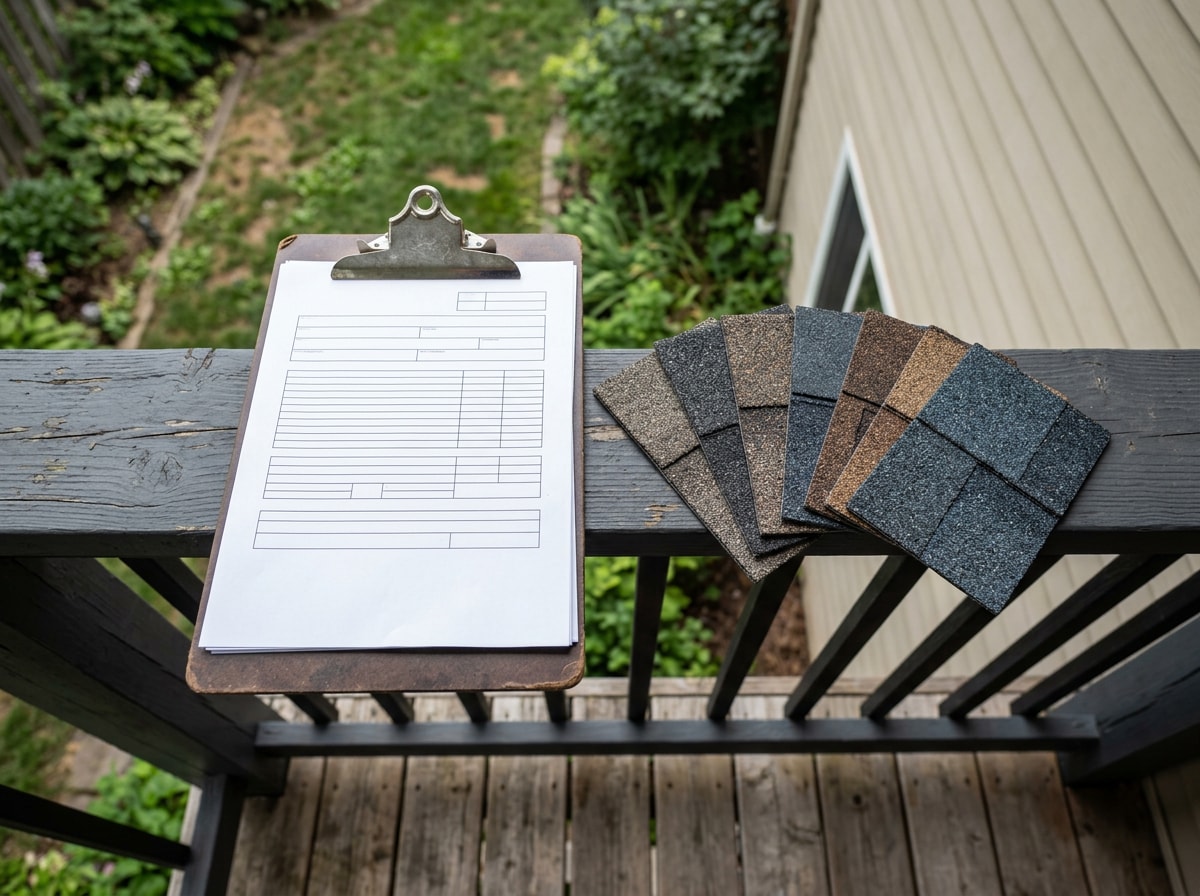 Roofing contractor's clipboard with financing paperwork and shingle color samples laid out on a porch railing