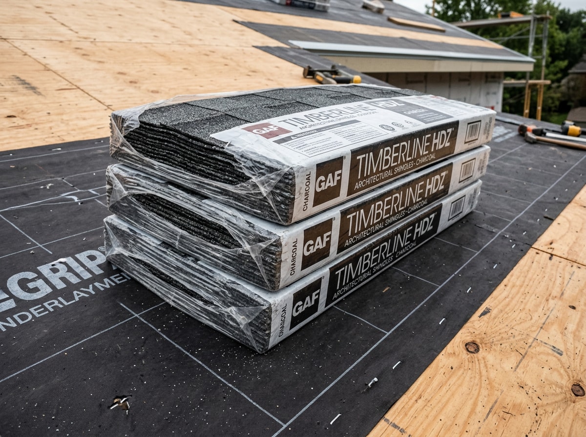 Three bundles of architectural asphalt shingles stacked on a roof deck to show bundle coverage for one roofing square
